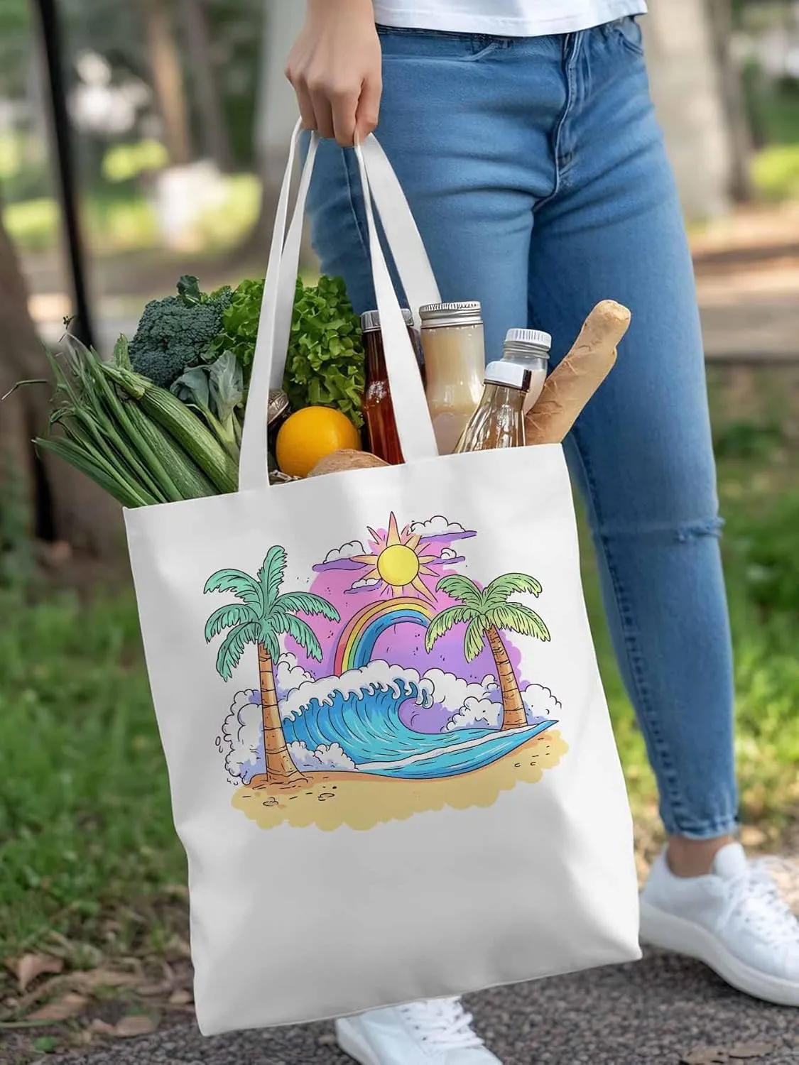 Canvas Tote Bag, Cartoon Ocean Rainbow Coconut Tree patterned Canvas Tote Handbags for Women Shoulder Bag,