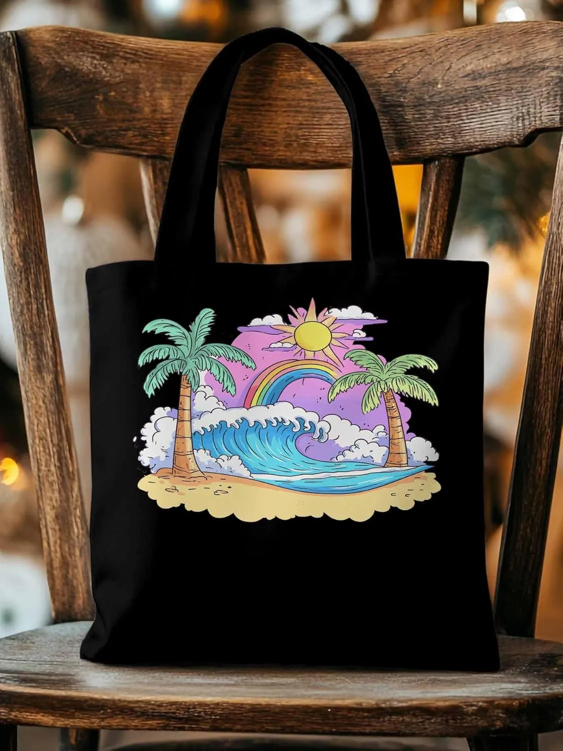 Canvas Tote Bag, Cartoon Ocean Rainbow Coconut Tree patterned Canvas Tote Handbags for Women Shoulder Bag,