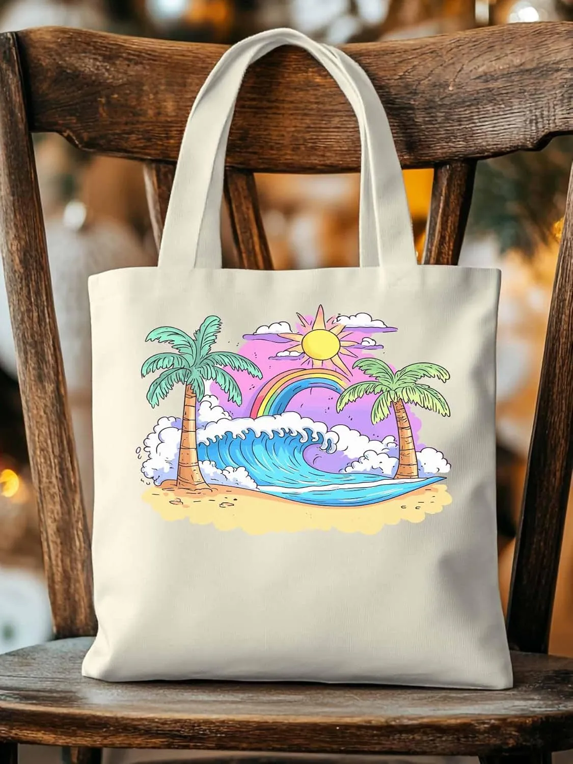 Canvas Tote Bag, Cartoon Ocean Rainbow Coconut Tree patterned Canvas Tote Handbags for Women Shoulder Bag,
