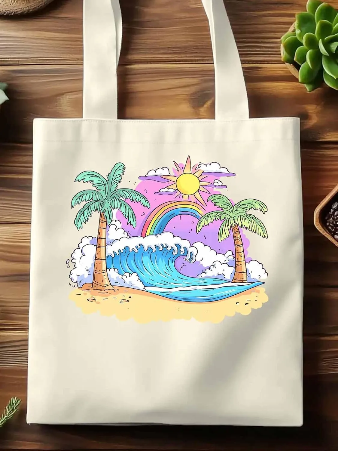 Canvas Tote Bag, Cartoon Ocean Rainbow Coconut Tree patterned Canvas Tote Handbags for Women Shoulder Bag,