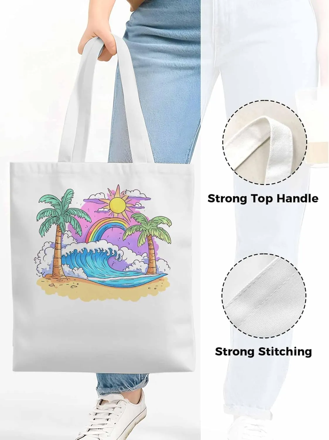 Canvas Tote Bag, Cartoon Ocean Rainbow Coconut Tree patterned Canvas Tote Handbags for Women Shoulder Bag,