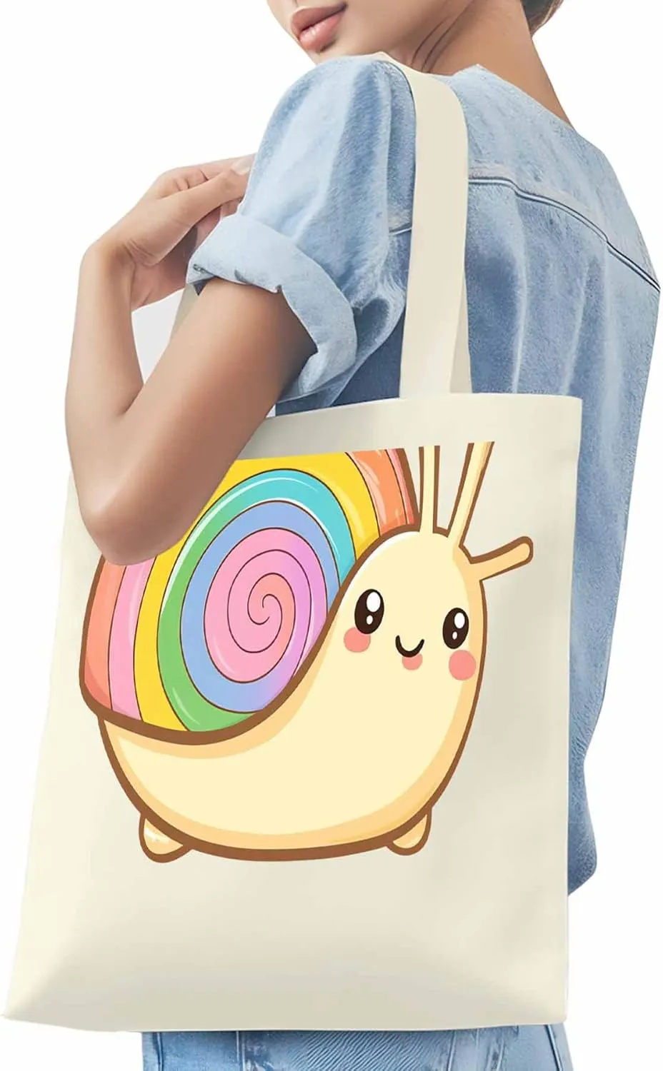 Canvas Tote Bag, Cartoon Rainbows Snails Aesthetic Canvas Tote Handbags for Women Shoulder Bag,