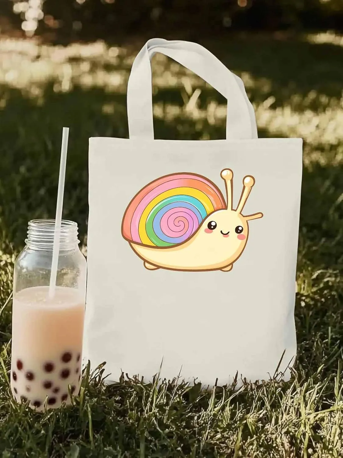 Canvas Tote Bag, Cartoon Rainbows Snails Aesthetic Canvas Tote Handbags for Women Shoulder Bag,