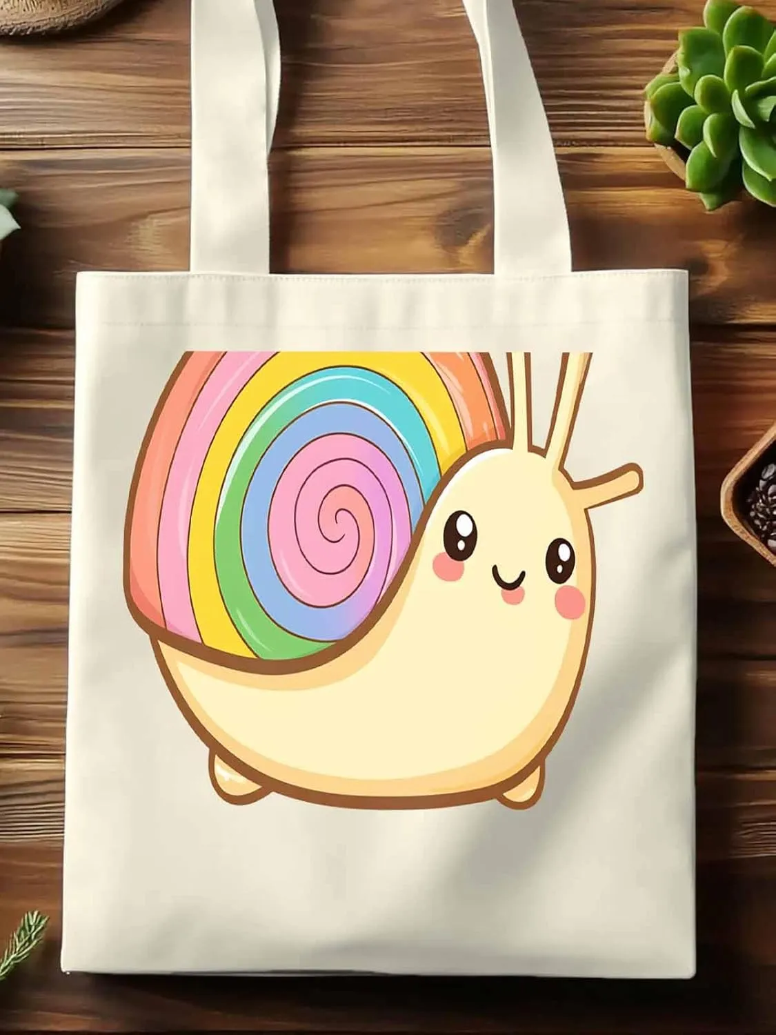 Canvas Tote Bag, Cartoon Rainbows Snails Aesthetic Canvas Tote Handbags for Women Shoulder Bag,