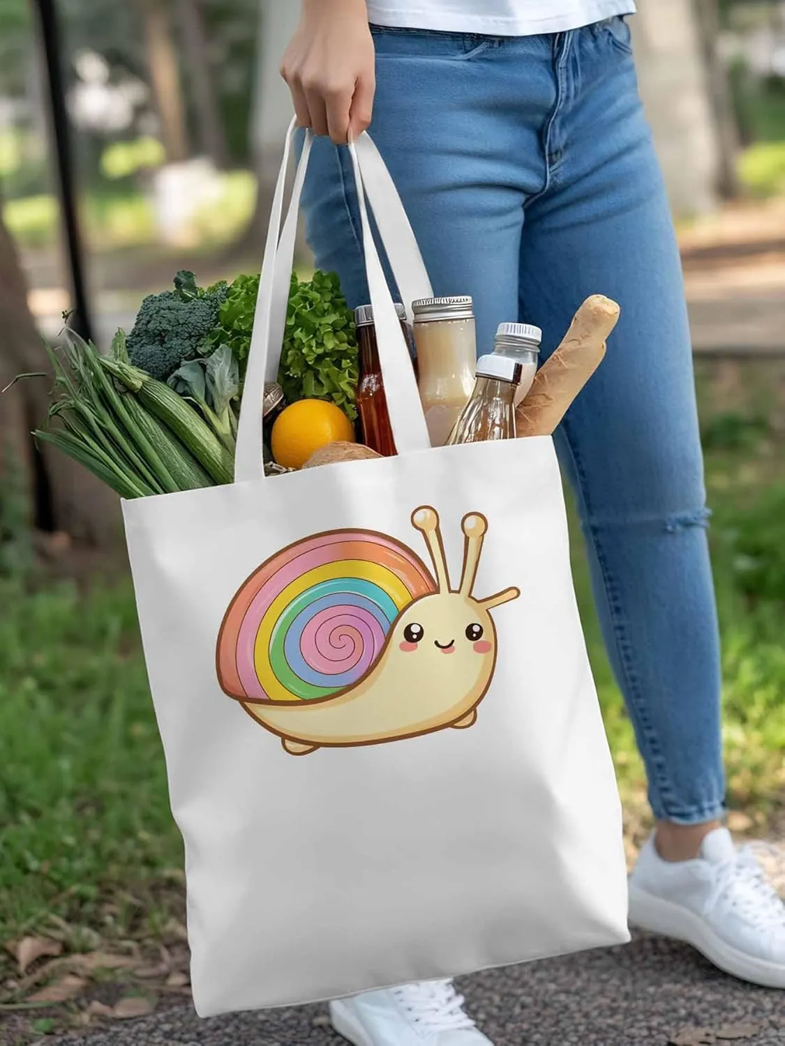 Canvas Tote Bag, Cartoon Rainbows Snails Aesthetic Canvas Tote Handbags for Women Shoulder Bag,