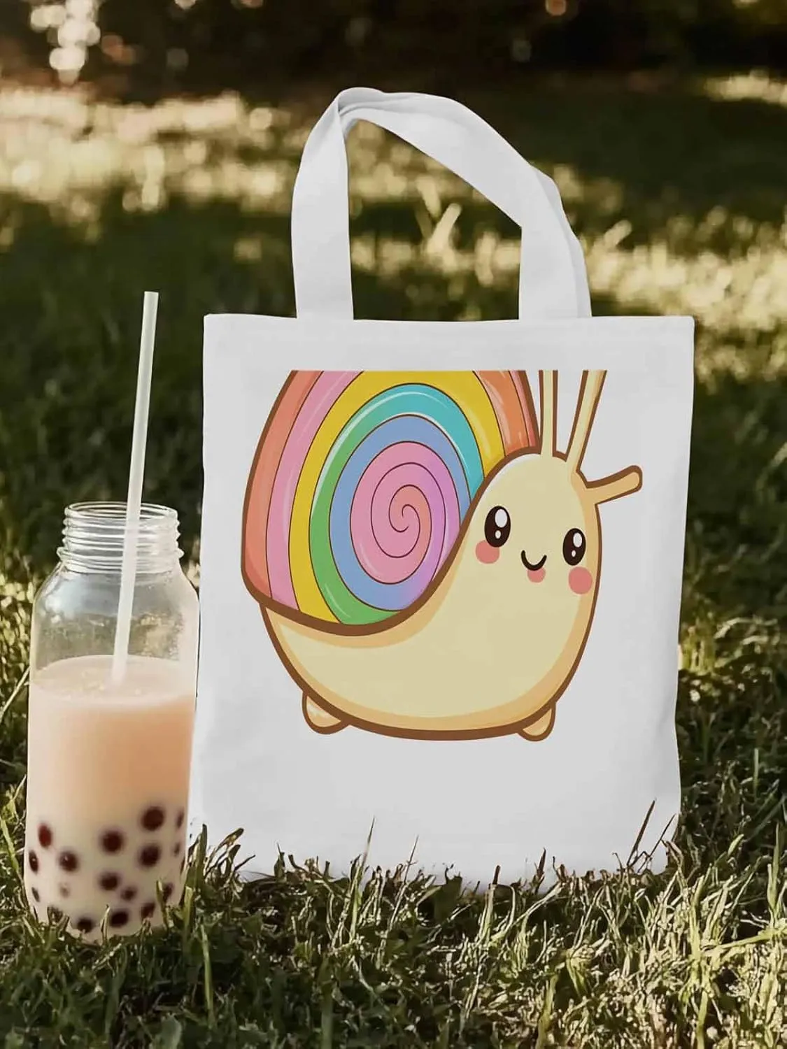 Canvas Tote Bag, Cartoon Rainbows Snails Aesthetic Canvas Tote Handbags for Women Shoulder Bag,