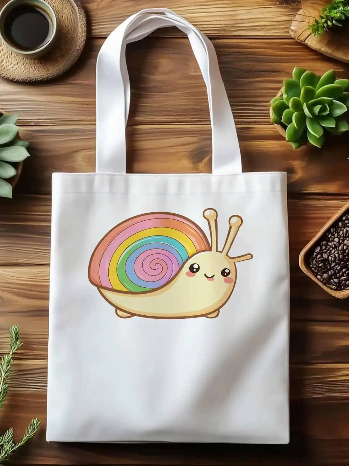 Canvas Tote Bag, Cartoon Rainbows Snails Aesthetic Canvas Tote Handbags for Women Shoulder Bag,
