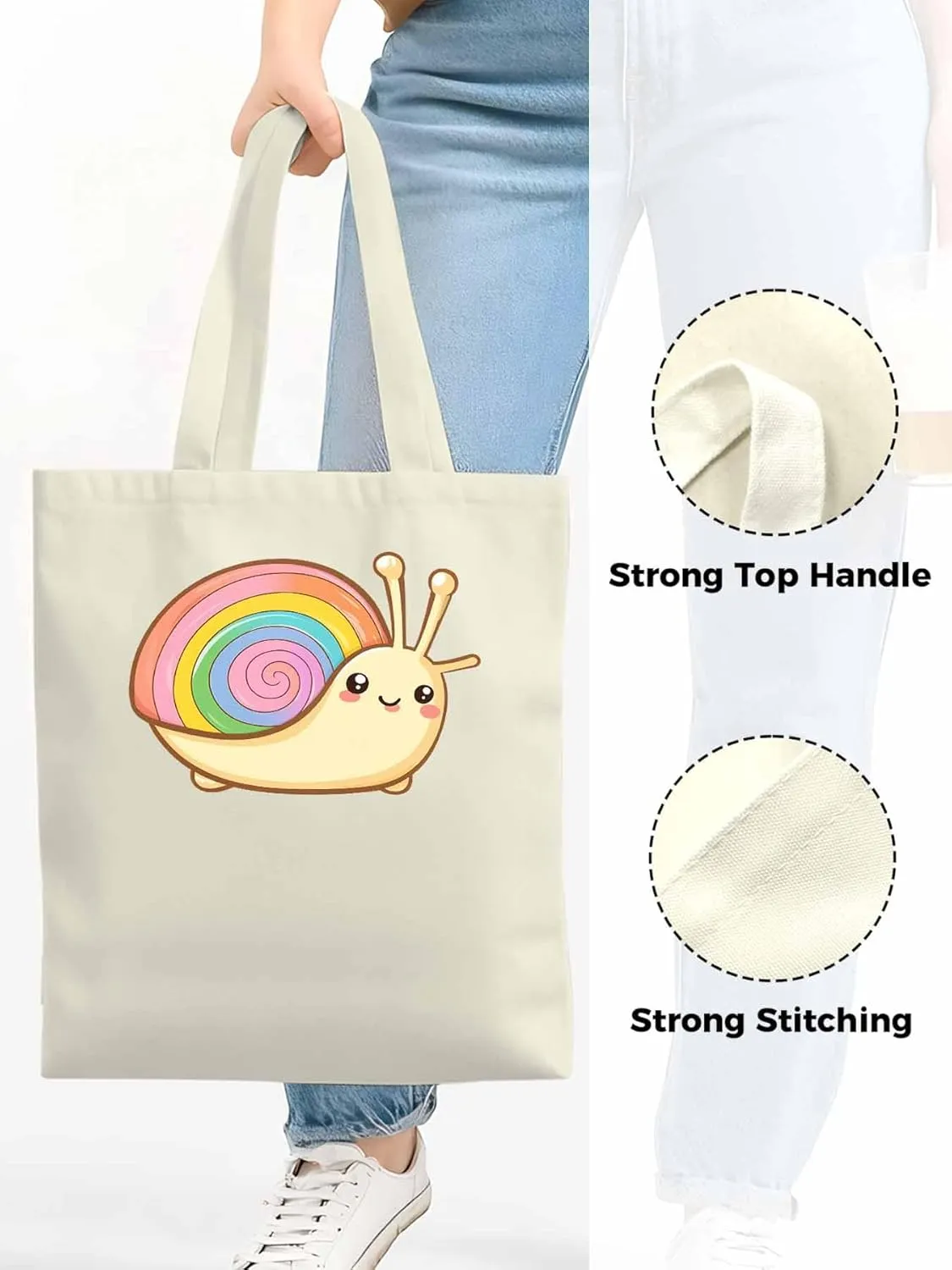 Canvas Tote Bag, Cartoon Rainbows Snails Aesthetic Canvas Tote Handbags for Women Shoulder Bag,