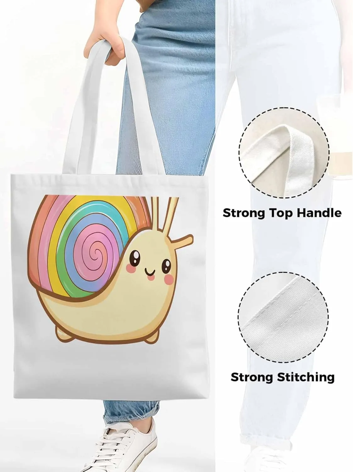 Canvas Tote Bag, Cartoon Rainbows Snails Aesthetic Canvas Tote Handbags for Women Shoulder Bag,