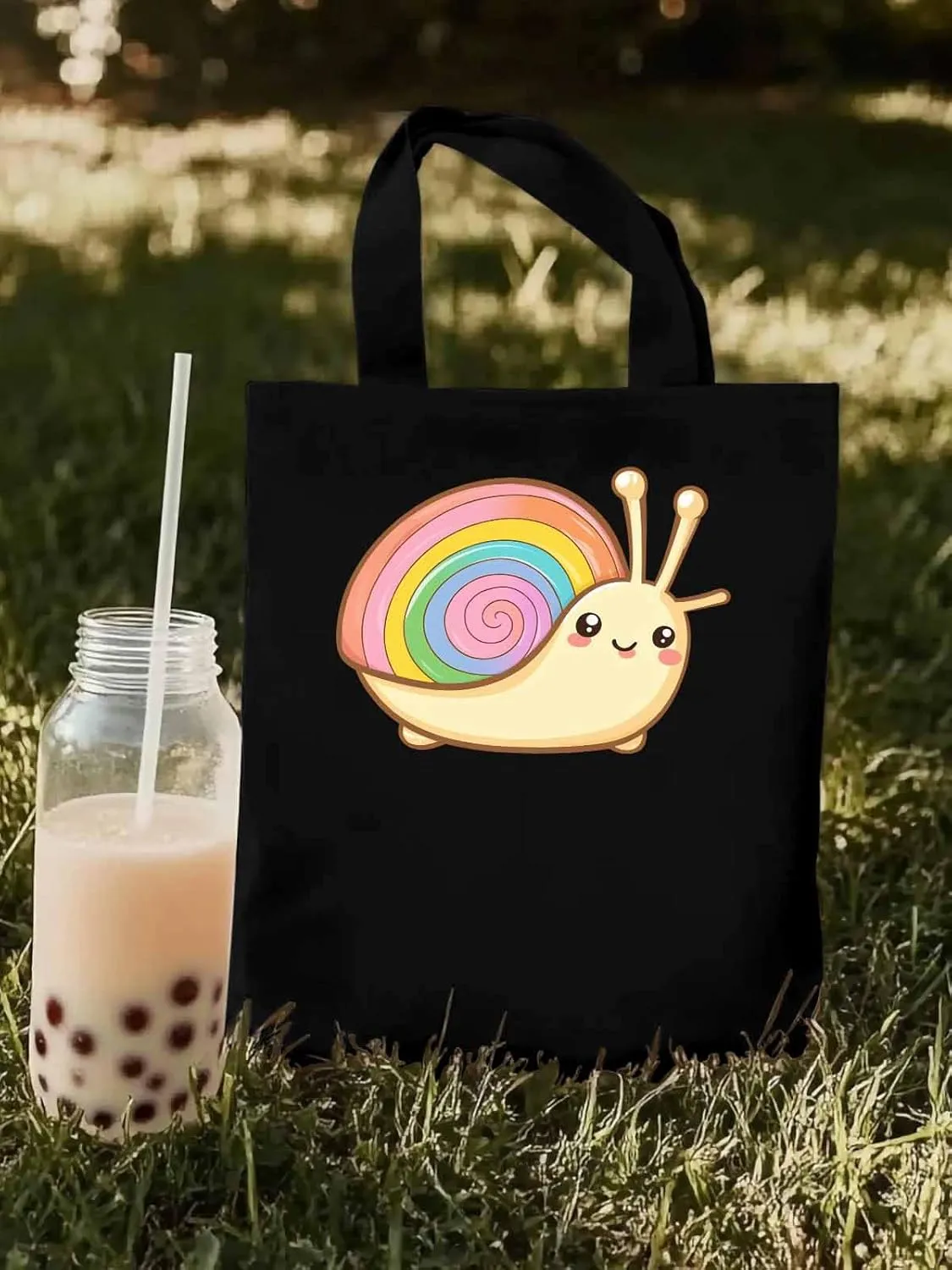 Canvas Tote Bag, Cartoon Rainbows Snails Aesthetic Canvas Tote Handbags for Women Shoulder Bag,