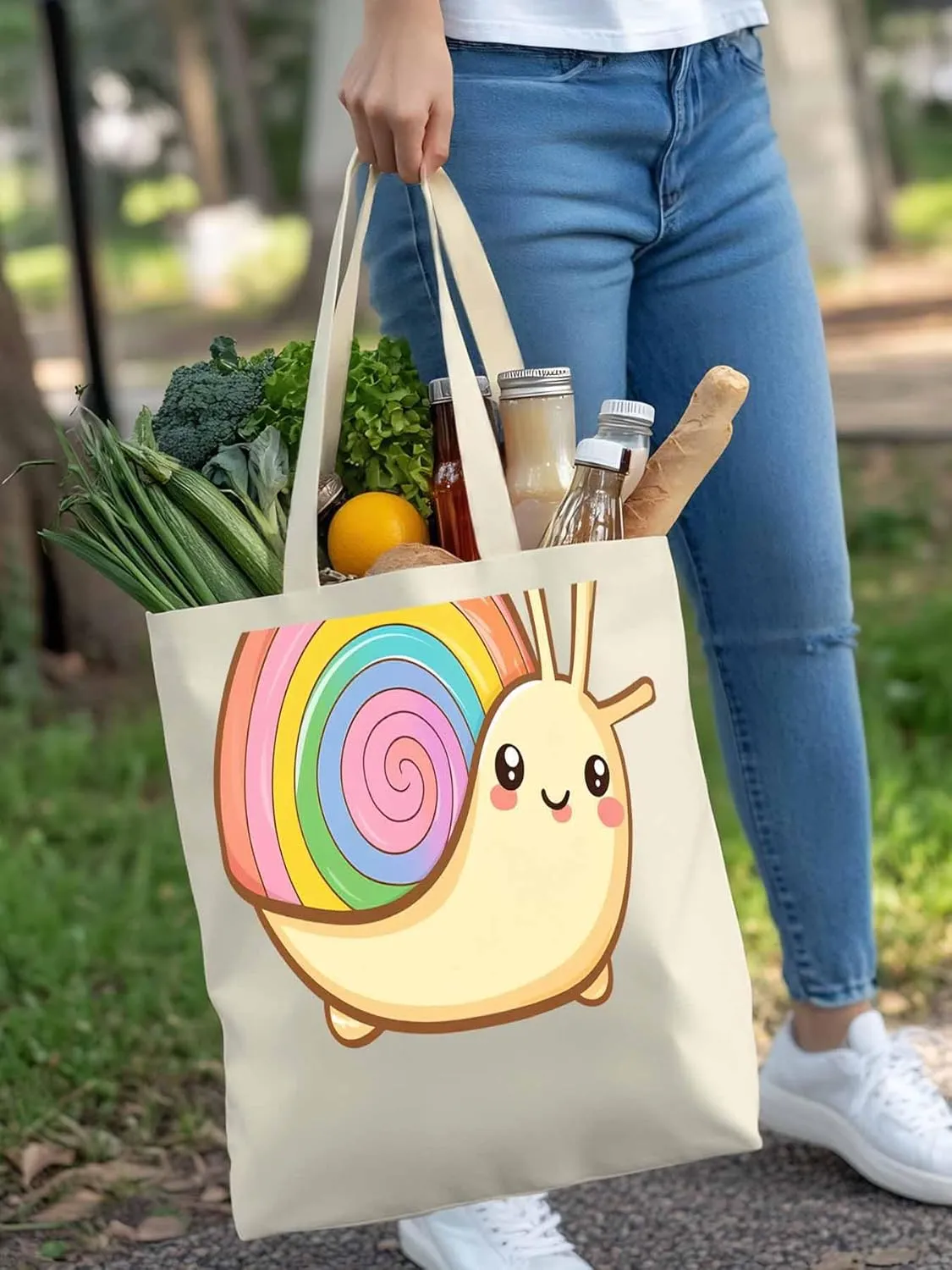Canvas Tote Bag, Cartoon Rainbows Snails Aesthetic Canvas Tote Handbags for Women Shoulder Bag,