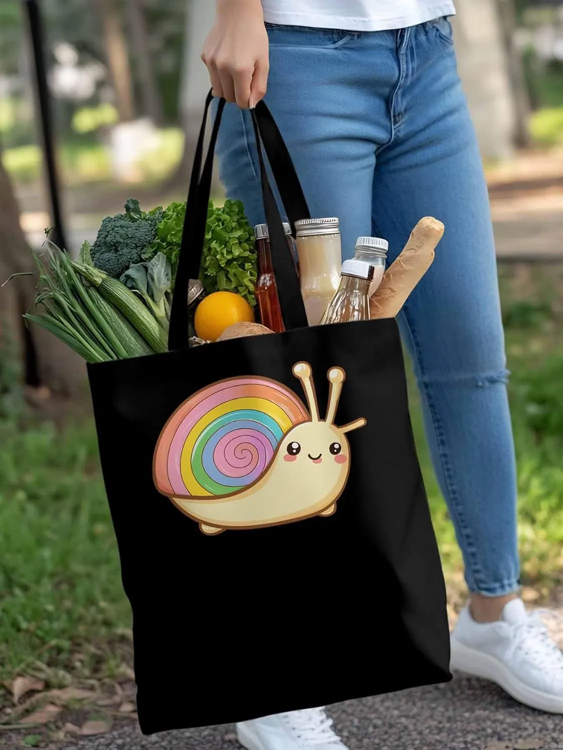 Canvas Tote Bag, Cartoon Rainbows Snails Aesthetic Canvas Tote Handbags for Women Shoulder Bag,