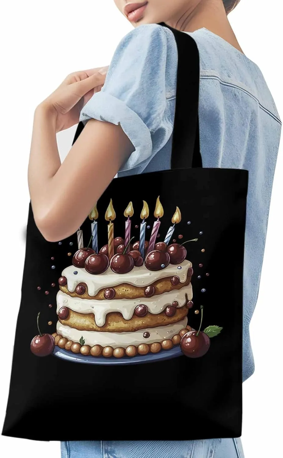 Canvas Tote Bag, Cartoons Cherry Birthday Cake Aesthetic Canvas Tote Handbags for Women Shoulder Bag,