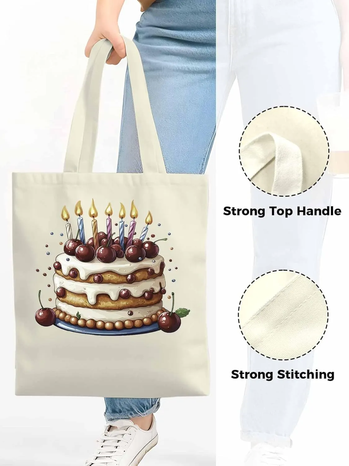 Canvas Tote Bag, Cartoons Cherry Birthday Cake Aesthetic Canvas Tote Handbags for Women Shoulder Bag,
