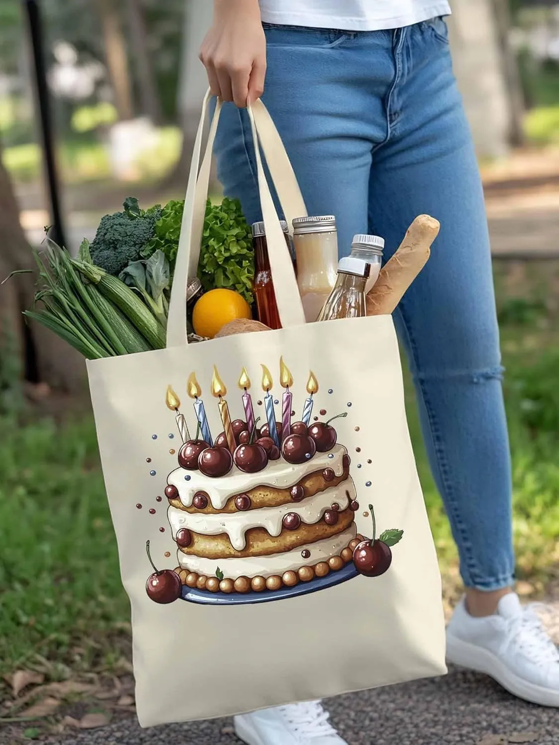 Canvas Tote Bag, Cartoons Cherry Birthday Cake Aesthetic Canvas Tote Handbags for Women Shoulder Bag,