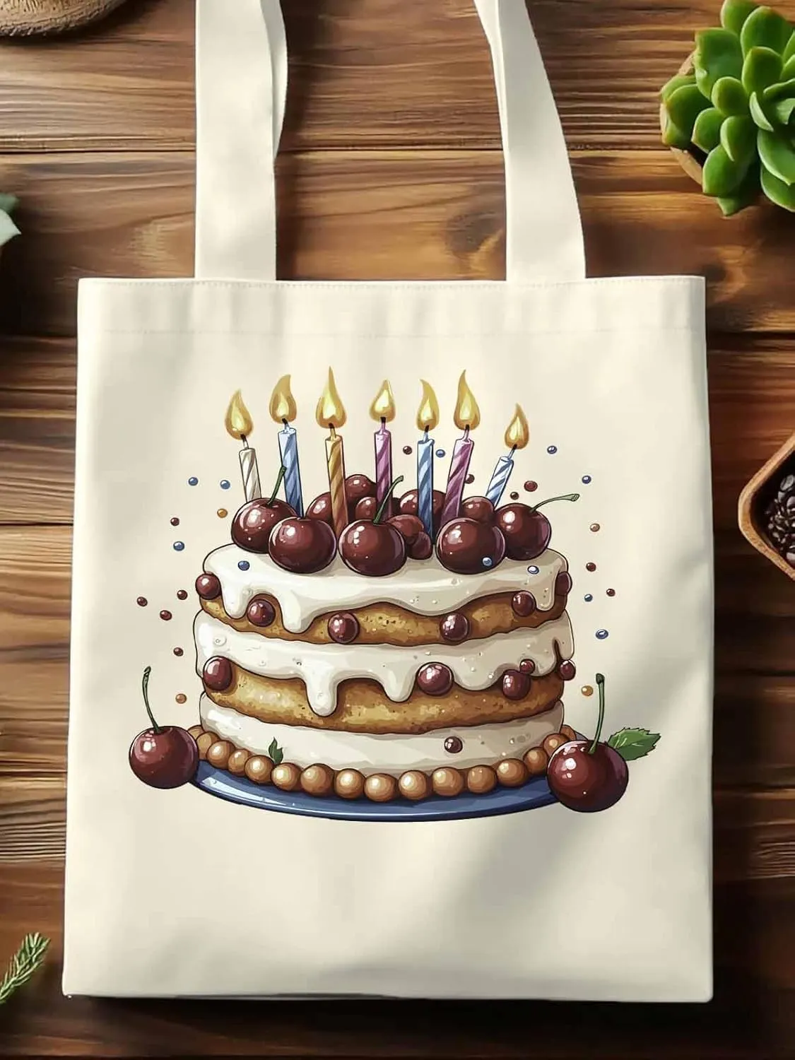 Canvas Tote Bag, Cartoons Cherry Birthday Cake Aesthetic Canvas Tote Handbags for Women Shoulder Bag,