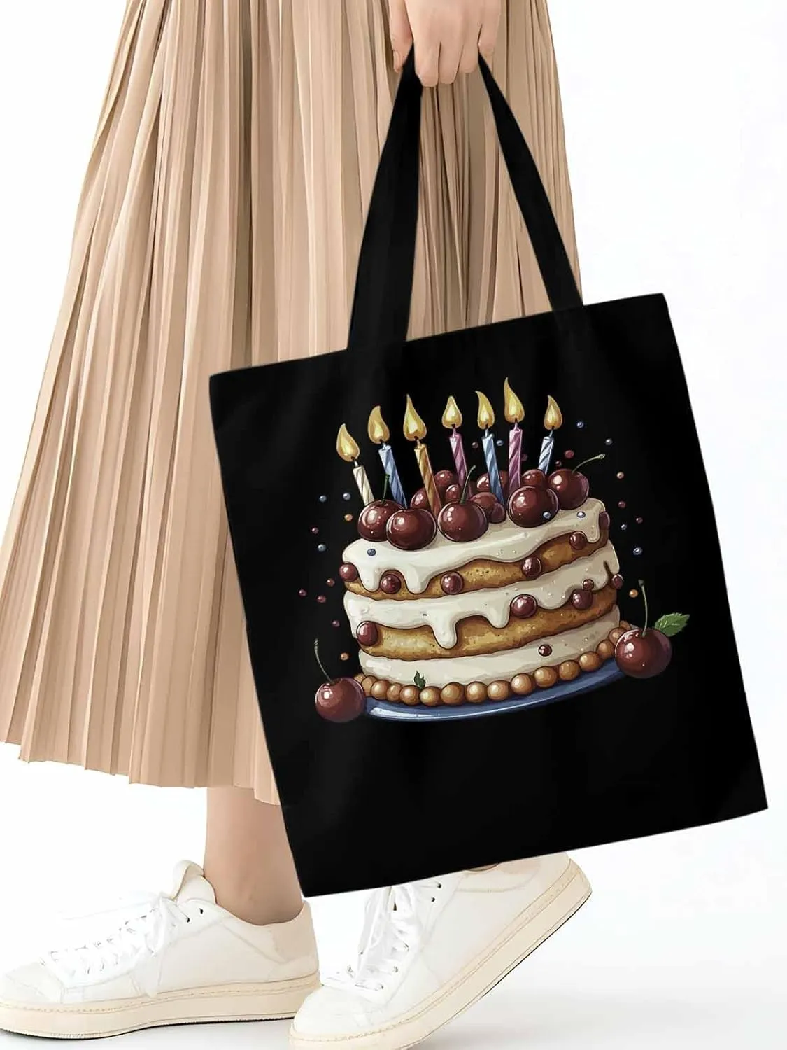 Canvas Tote Bag, Cartoons Cherry Birthday Cake Aesthetic Canvas Tote Handbags for Women Shoulder Bag,