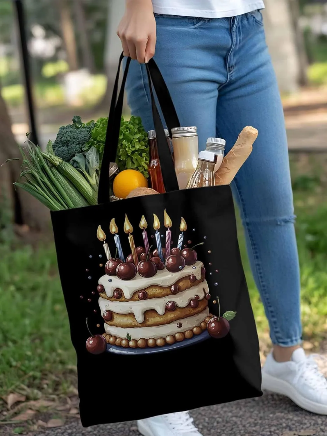 Canvas Tote Bag, Cartoons Cherry Birthday Cake Aesthetic Canvas Tote Handbags for Women Shoulder Bag,