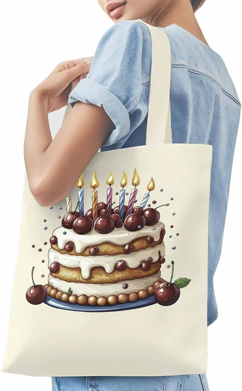 Canvas Tote Bag, Cartoons Cherry Birthday Cake Aesthetic Canvas Tote Handbags for Women Shoulder Bag,