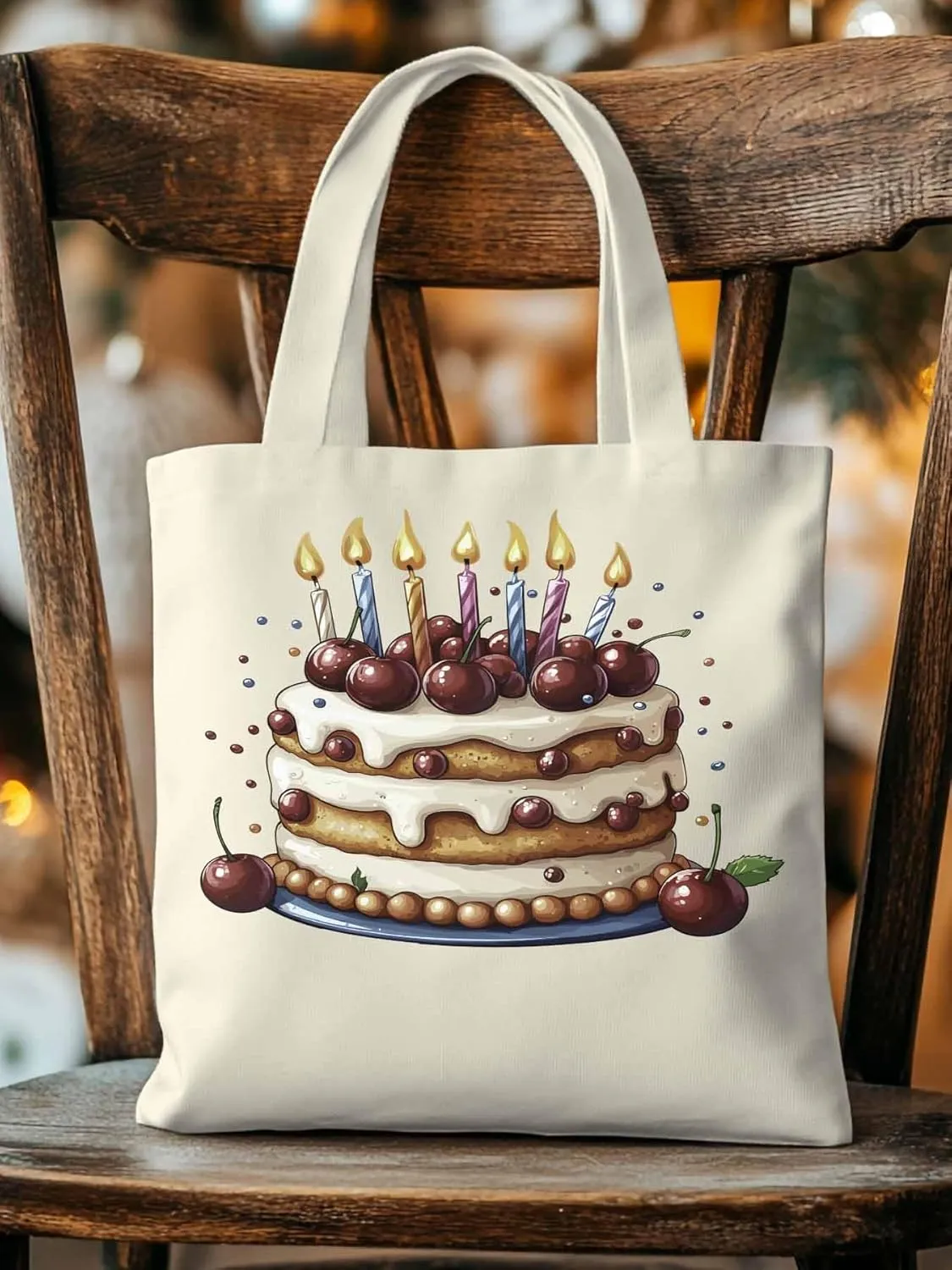 Canvas Tote Bag, Cartoons Cherry Birthday Cake Aesthetic Canvas Tote Handbags for Women Shoulder Bag,