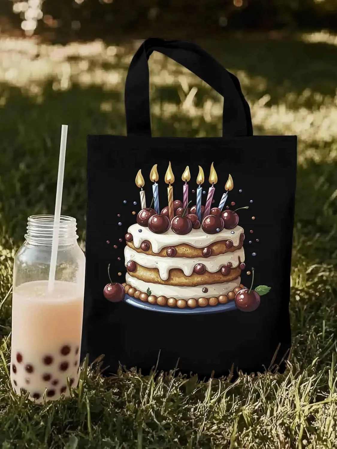 Canvas Tote Bag, Cartoons Cherry Birthday Cake Aesthetic Canvas Tote Handbags for Women Shoulder Bag,