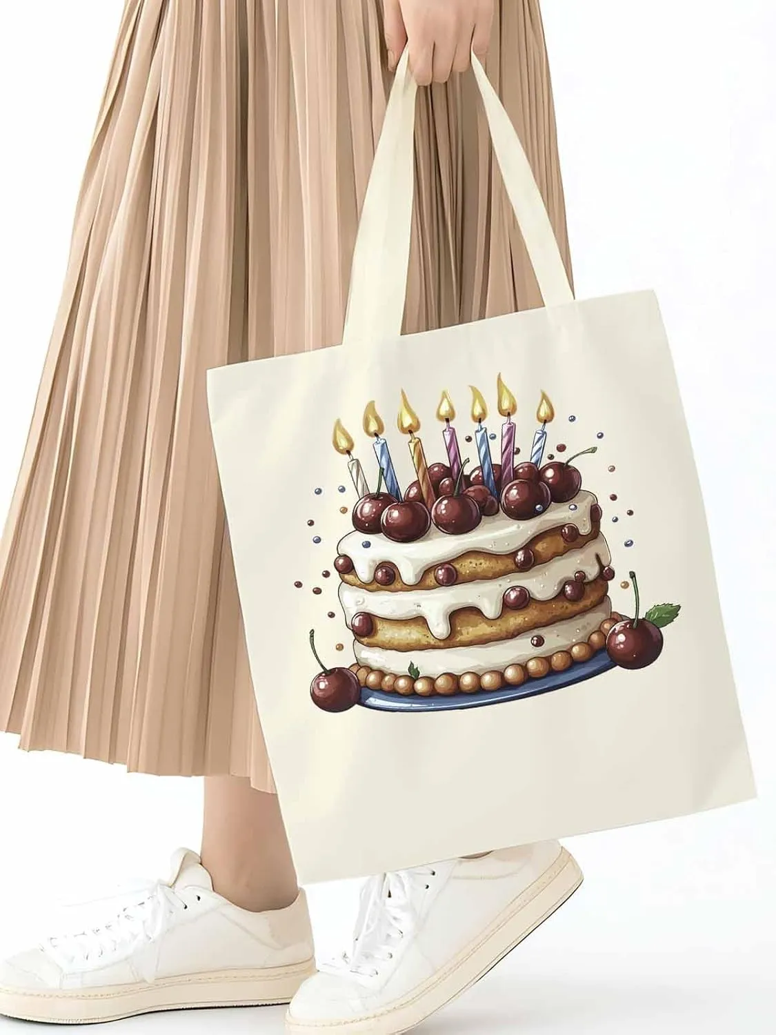 Canvas Tote Bag, Cartoons Cherry Birthday Cake Aesthetic Canvas Tote Handbags for Women Shoulder Bag,