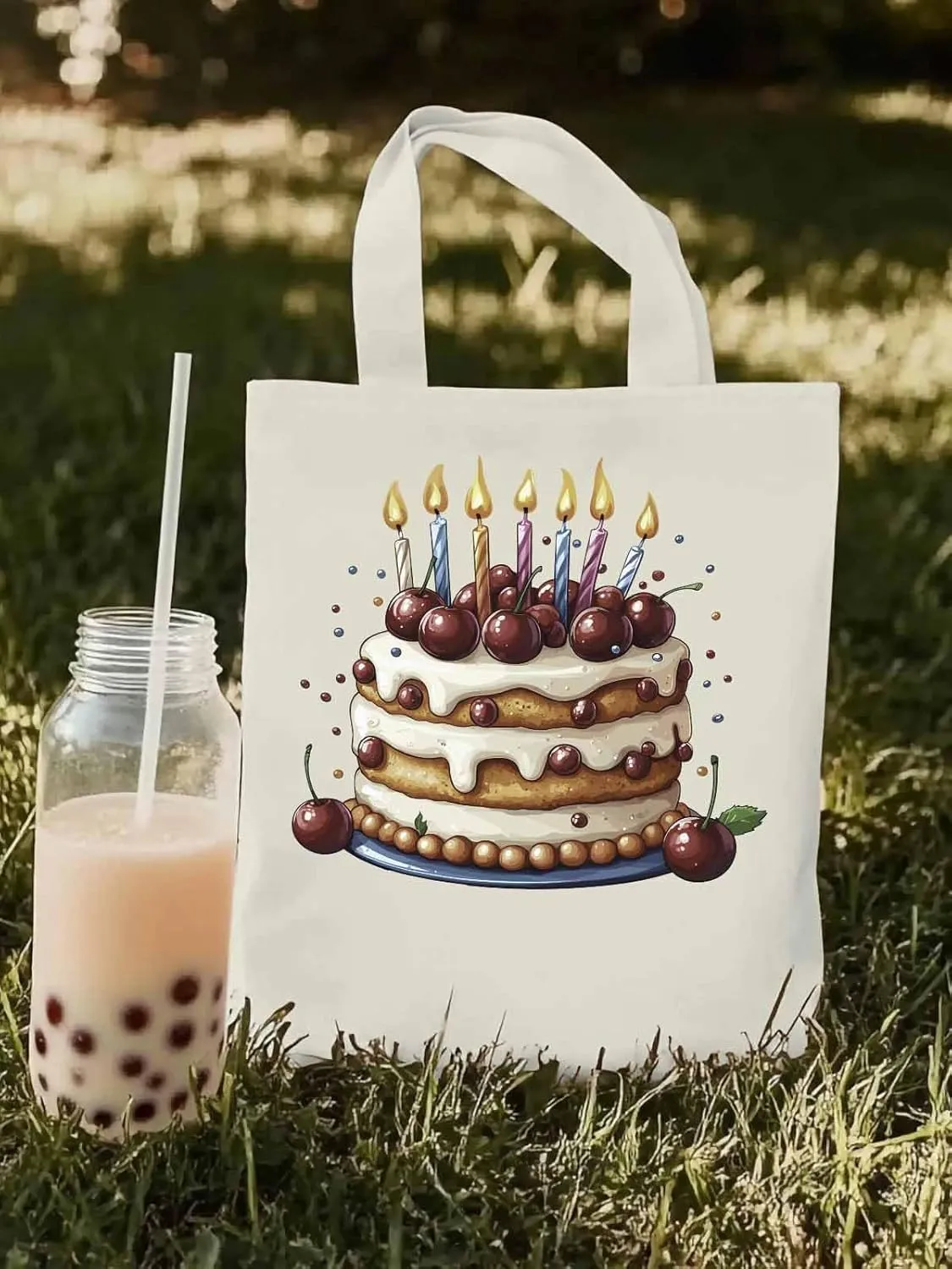 Canvas Tote Bag, Cartoons Cherry Birthday Cake Aesthetic Canvas Tote Handbags for Women Shoulder Bag,