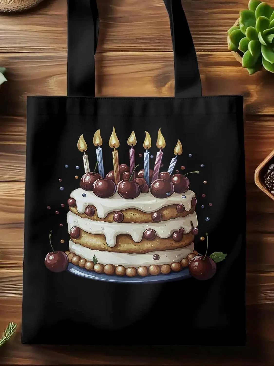 Canvas Tote Bag, Cartoons Cherry Birthday Cake Aesthetic Canvas Tote Handbags for Women Shoulder Bag,