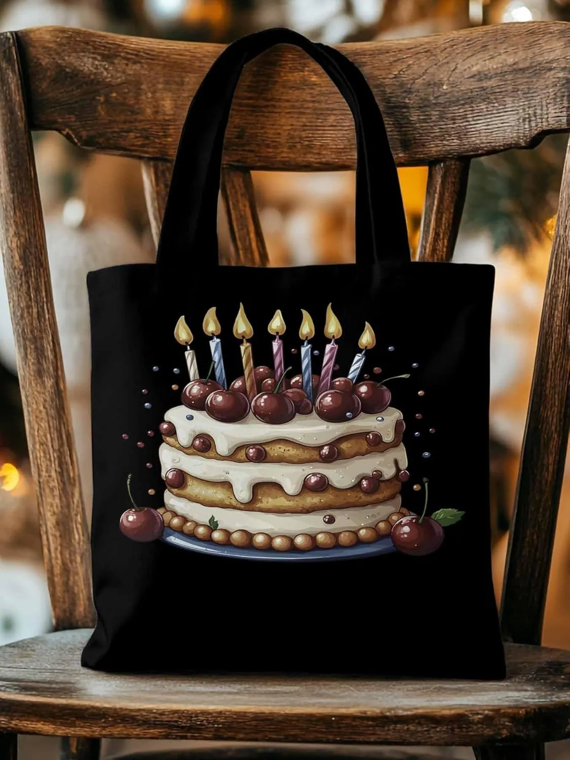 Canvas Tote Bag, Cartoons Cherry Birthday Cake Aesthetic Canvas Tote Handbags for Women Shoulder Bag,