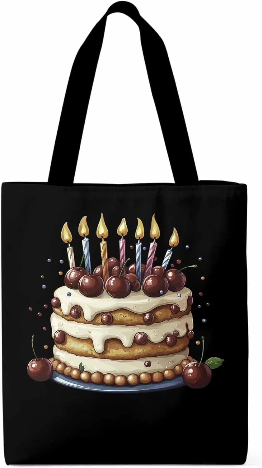 Canvas Tote Bag, Cartoons Cherry Birthday Cake Aesthetic Canvas Tote Handbags for Women Shoulder Bag,