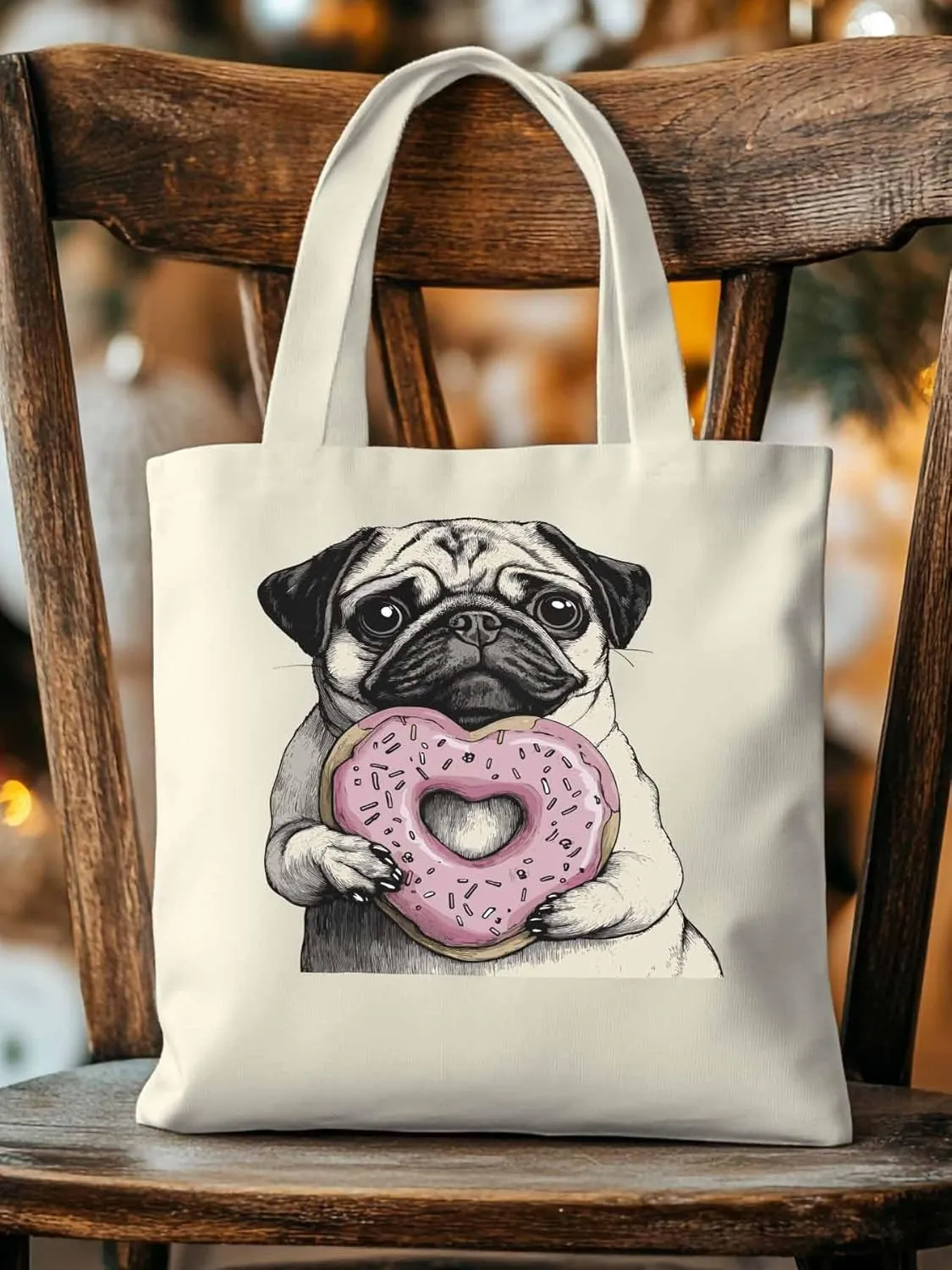 Canvas Tote Bag, Cartoons Cute Puppy Doughnut Aesthetic Canvas Tote Handbags for Women Shoulder Bag