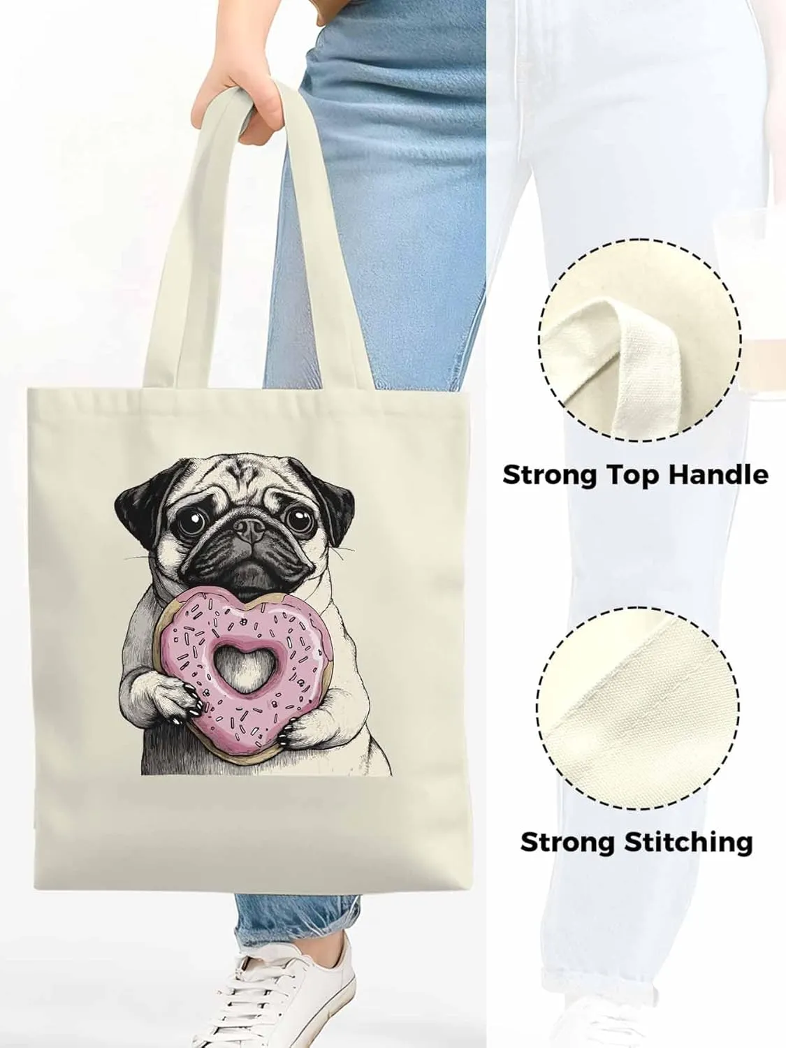 Canvas Tote Bag, Cartoons Cute Puppy Doughnut Aesthetic Canvas Tote Handbags for Women Shoulder Bag