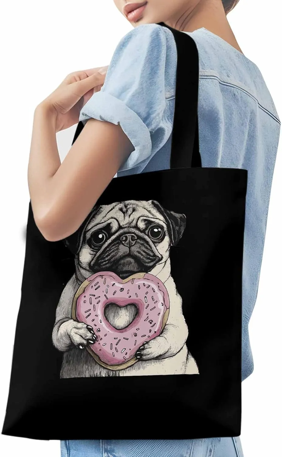 Canvas Tote Bag, Cartoons Cute Puppy Doughnut Aesthetic Canvas Tote Handbags for Women Shoulder Bag