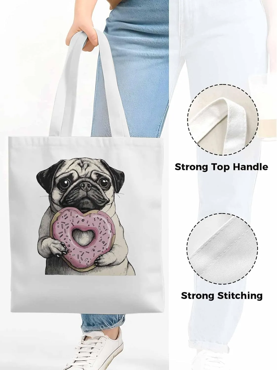 Canvas Tote Bag, Cartoons Cute Puppy Doughnut Aesthetic Canvas Tote Handbags for Women Shoulder Bag