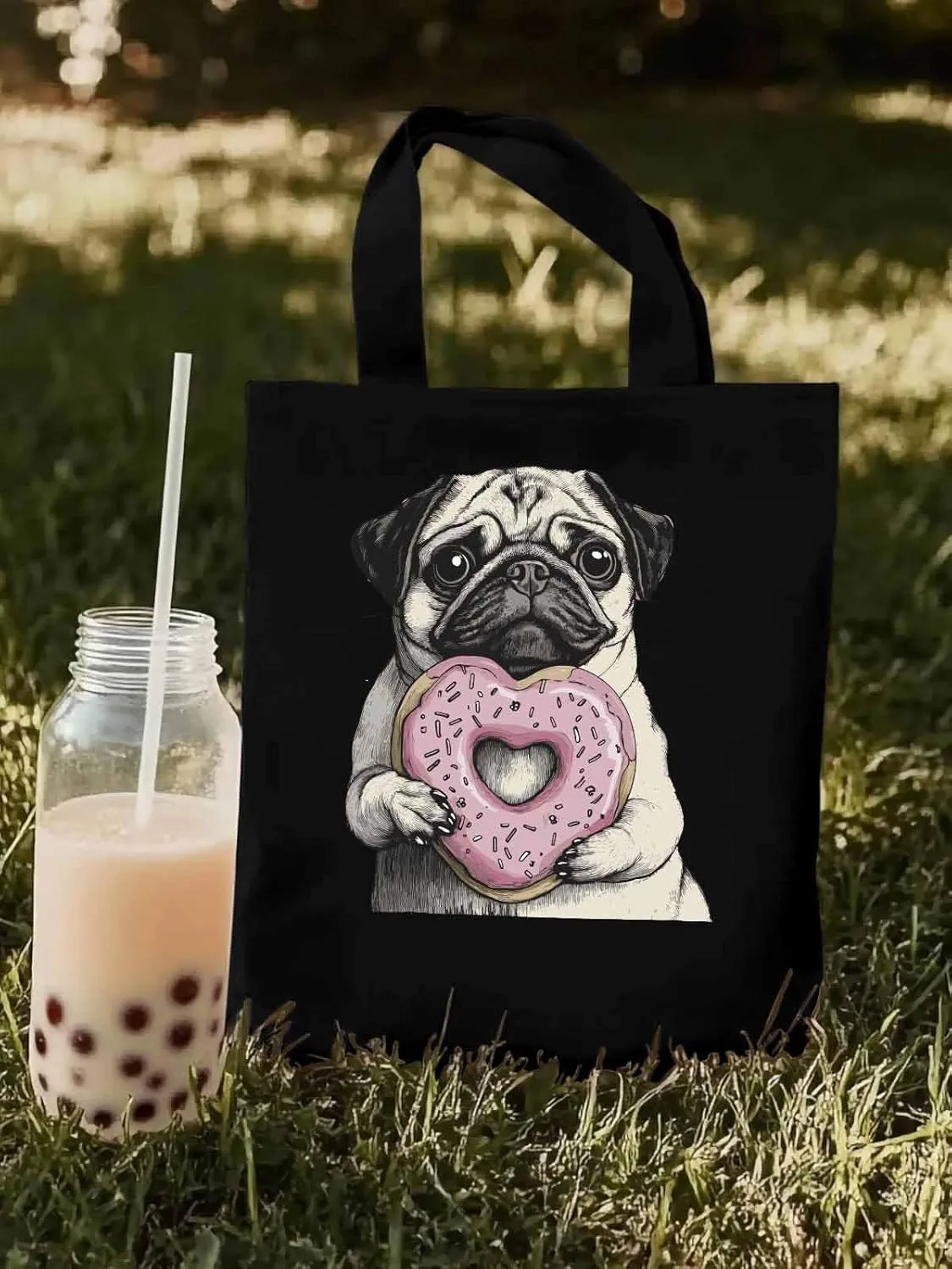Canvas Tote Bag, Cartoons Cute Puppy Doughnut Aesthetic Canvas Tote Handbags for Women Shoulder Bag