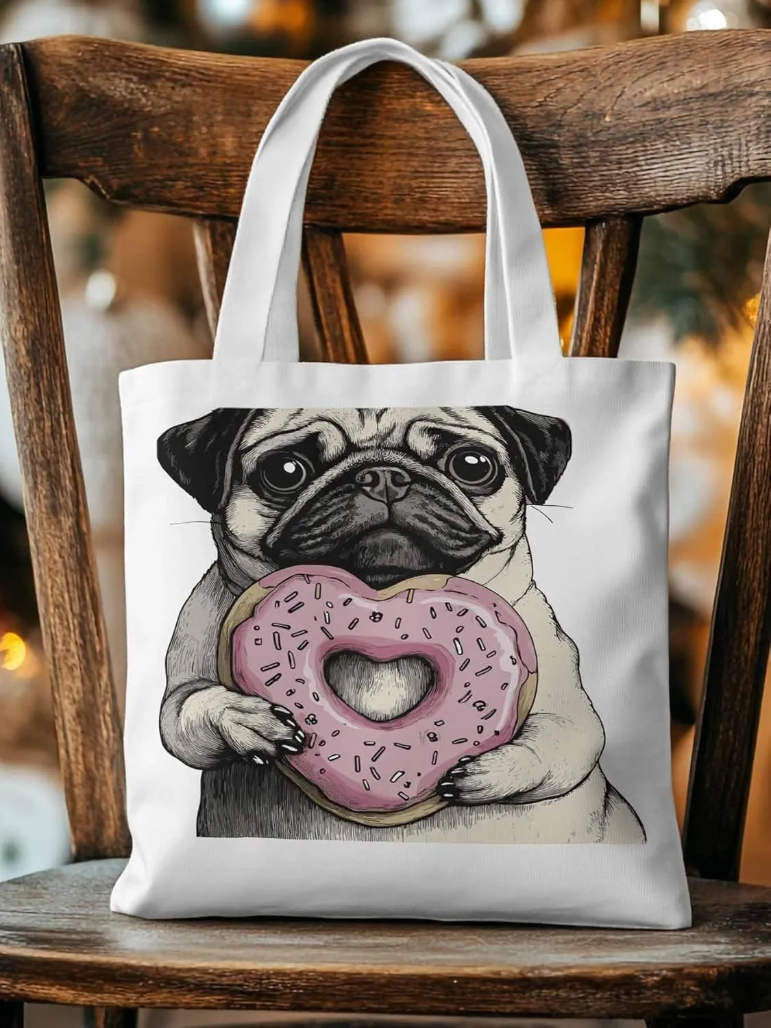 Canvas Tote Bag, Cartoons Cute Puppy Doughnut Aesthetic Canvas Tote Handbags for Women Shoulder Bag