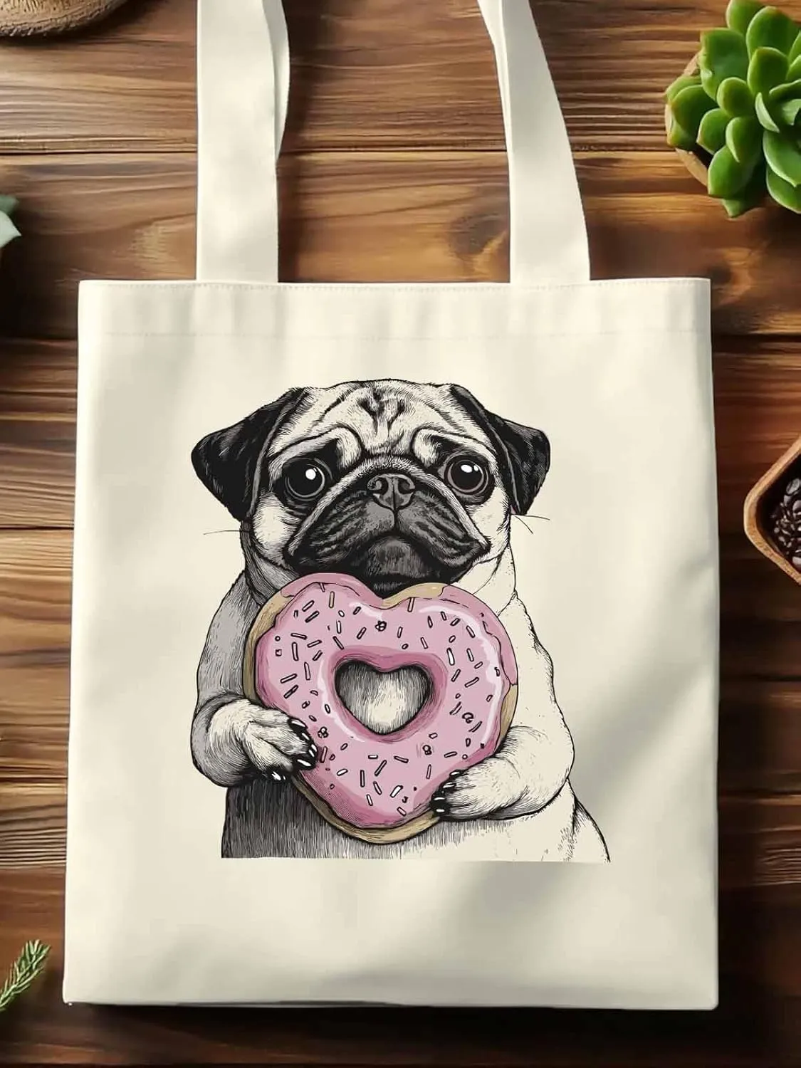Canvas Tote Bag, Cartoons Cute Puppy Doughnut Aesthetic Canvas Tote Handbags for Women Shoulder Bag