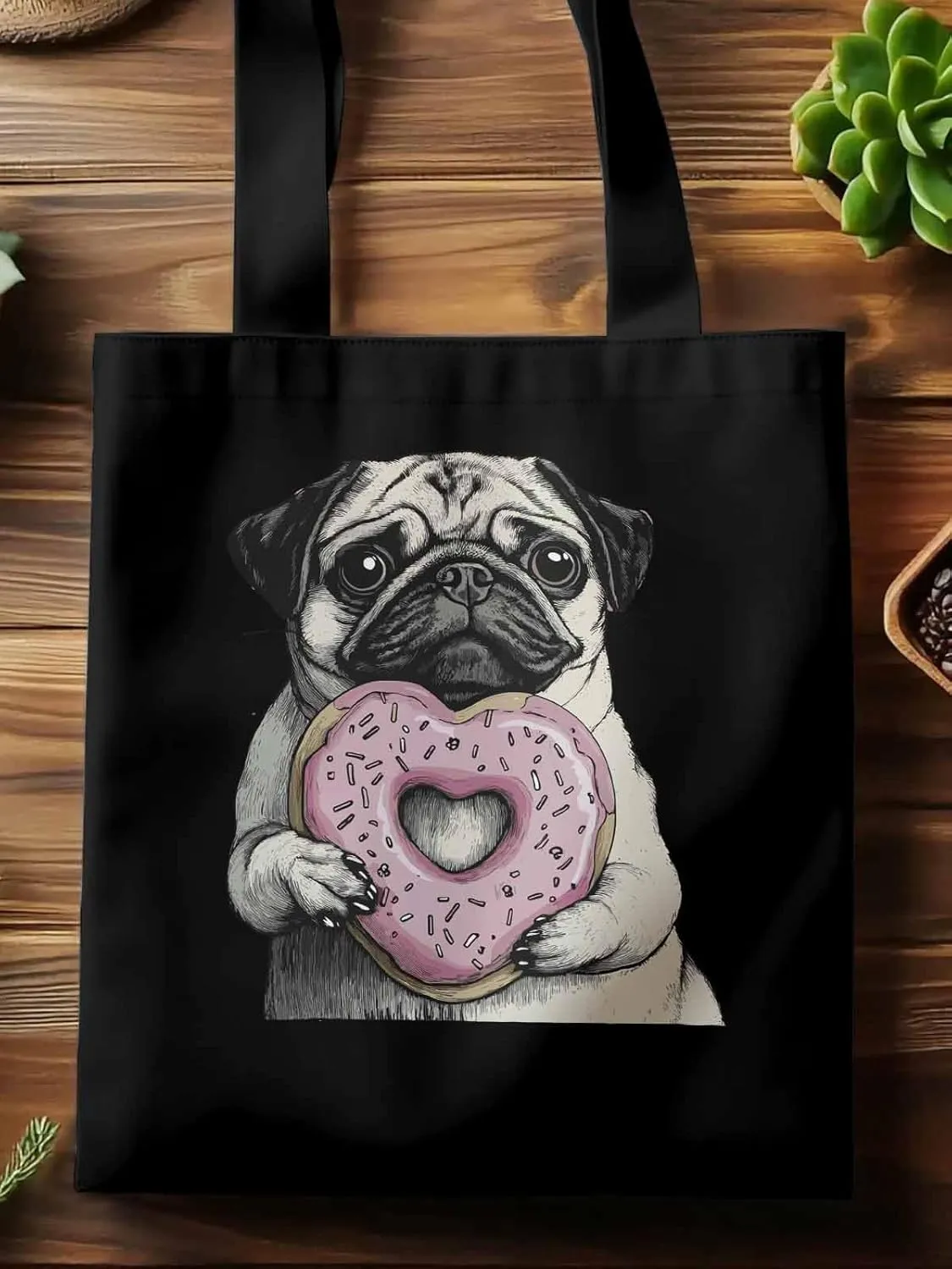 Canvas Tote Bag, Cartoons Cute Puppy Doughnut Aesthetic Canvas Tote Handbags for Women Shoulder Bag