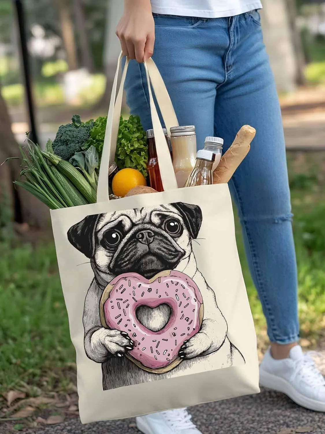 Canvas Tote Bag, Cartoons Cute Puppy Doughnut Aesthetic Canvas Tote Handbags for Women Shoulder Bag