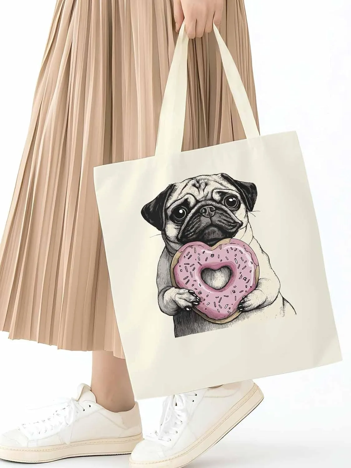 Canvas Tote Bag, Cartoons Cute Puppy Doughnut Aesthetic Canvas Tote Handbags for Women Shoulder Bag