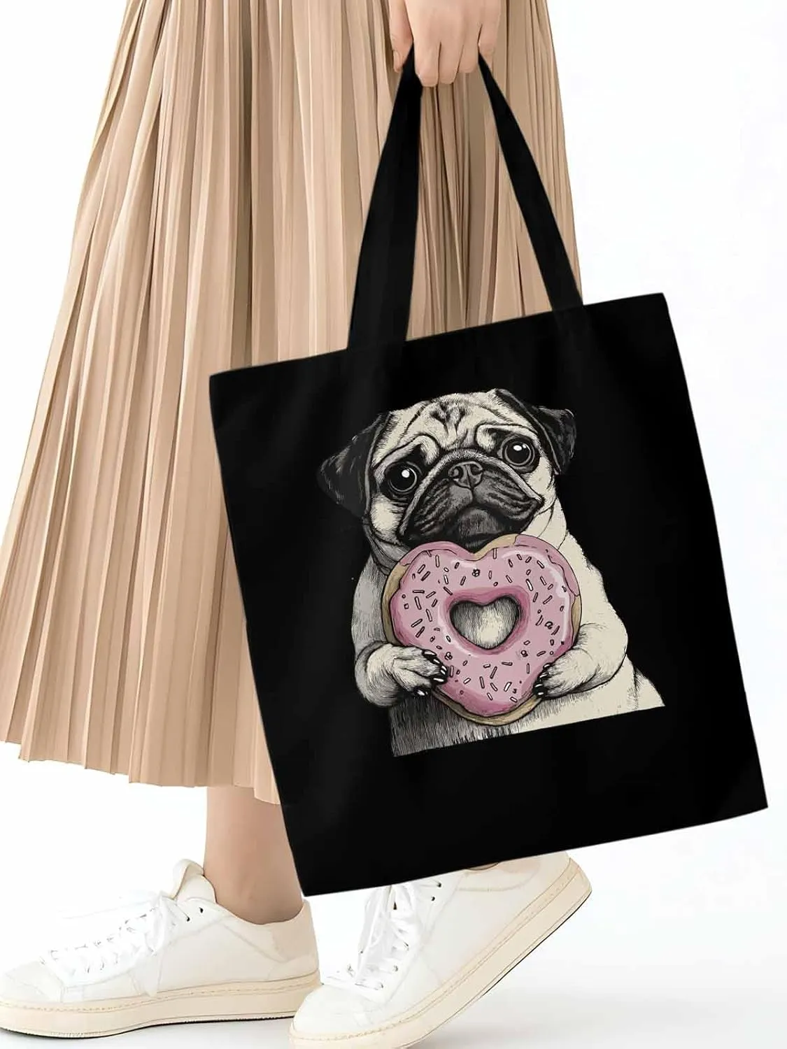 Canvas Tote Bag, Cartoons Cute Puppy Doughnut Aesthetic Canvas Tote Handbags for Women Shoulder Bag