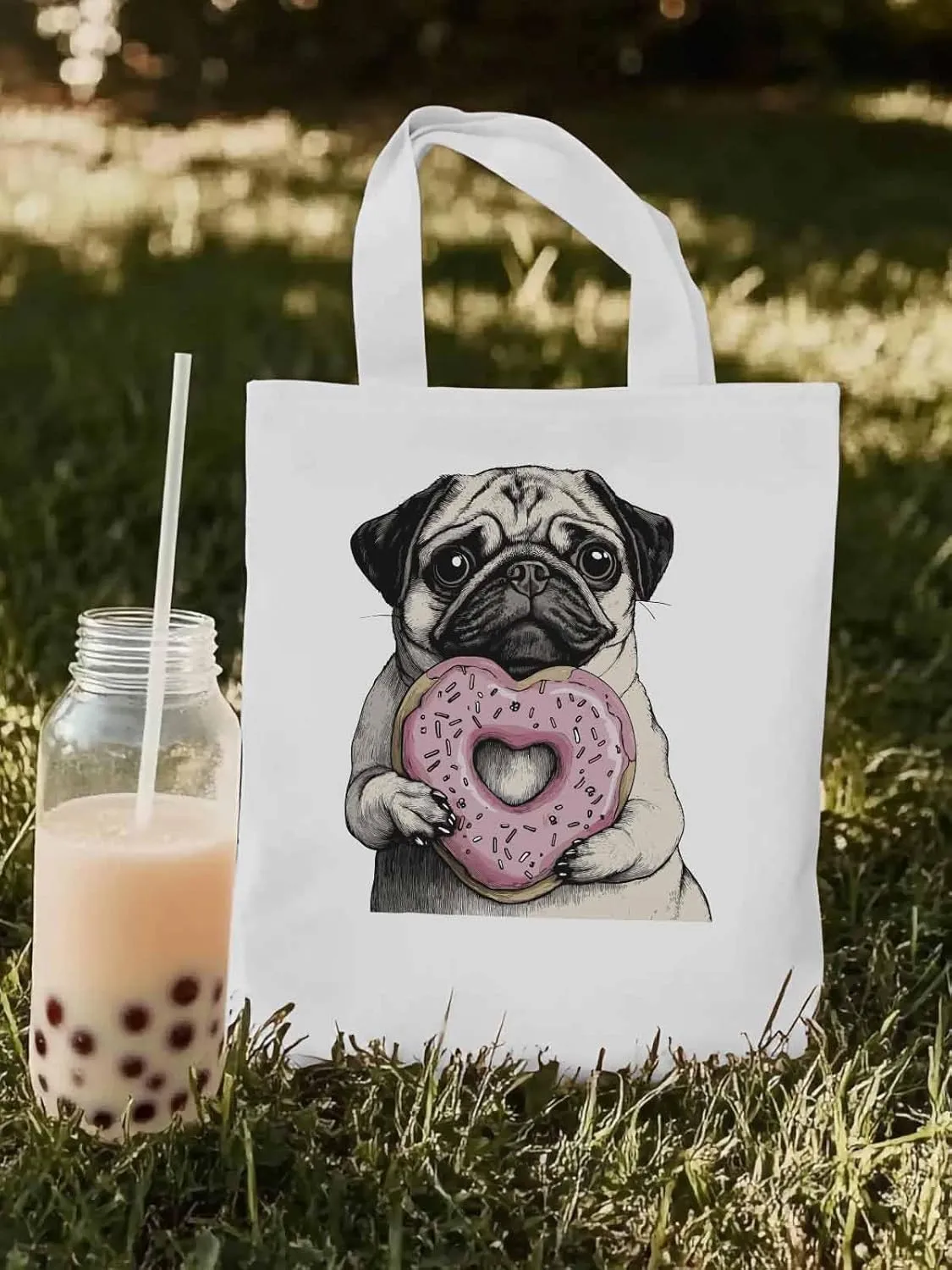 Canvas Tote Bag, Cartoons Cute Puppy Doughnut Aesthetic Canvas Tote Handbags for Women Shoulder Bag