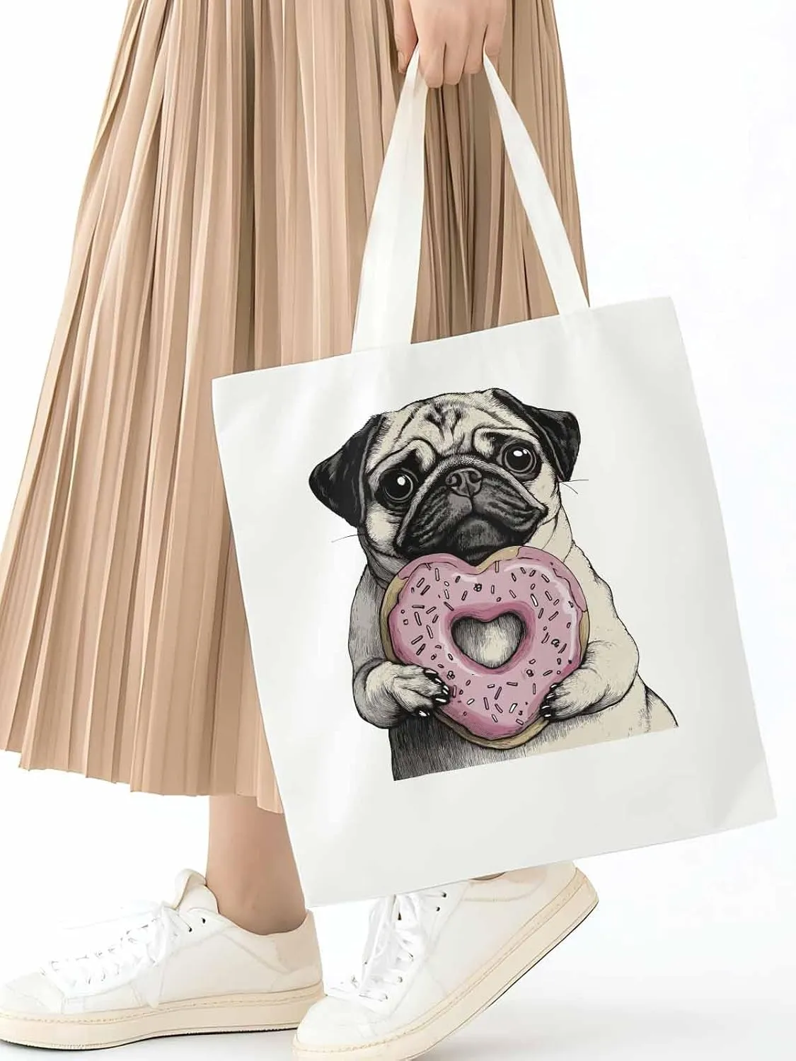 Canvas Tote Bag, Cartoons Cute Puppy Doughnut Aesthetic Canvas Tote Handbags for Women Shoulder Bag