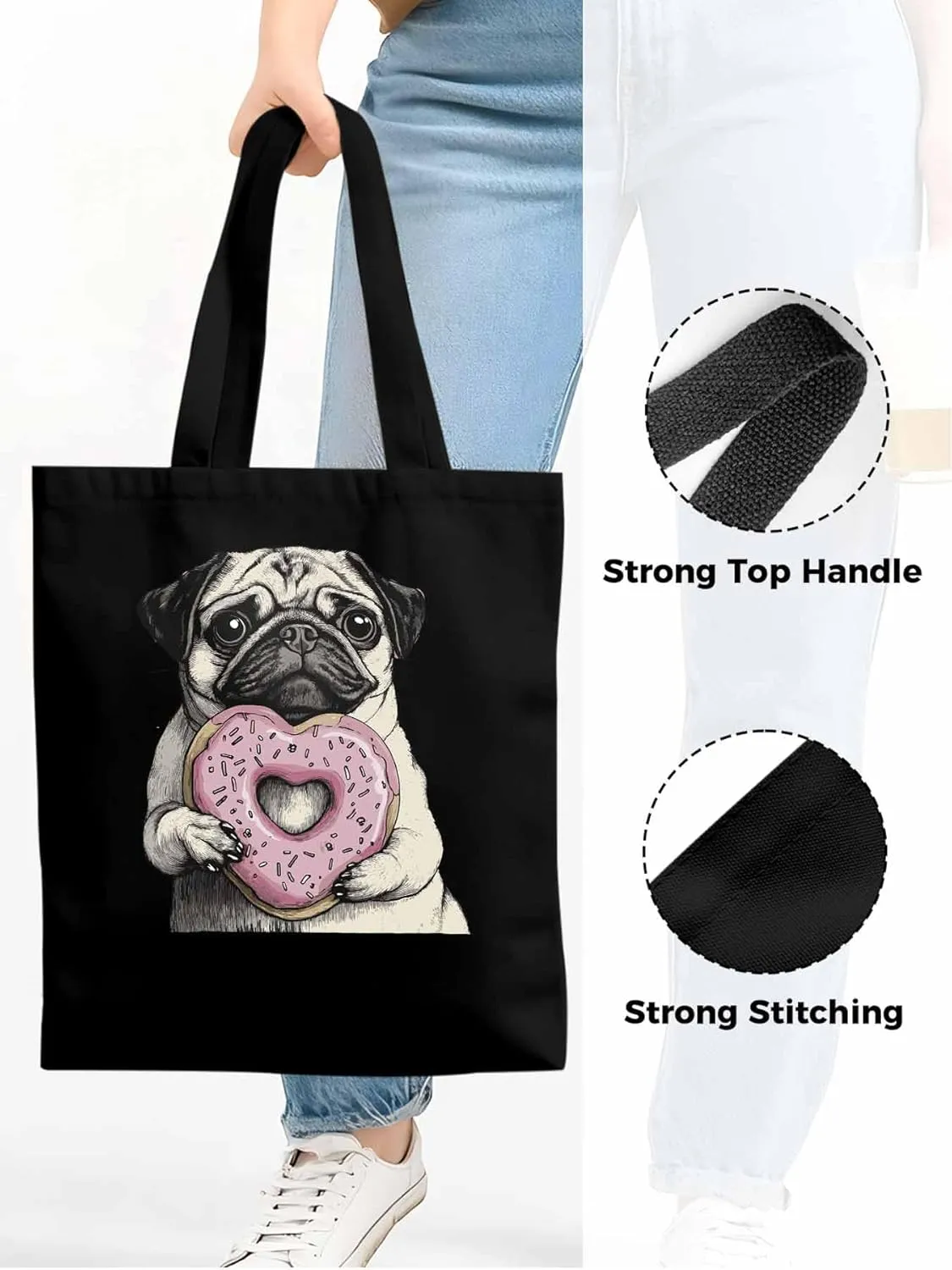 Canvas Tote Bag, Cartoons Cute Puppy Doughnut Aesthetic Canvas Tote Handbags for Women Shoulder Bag