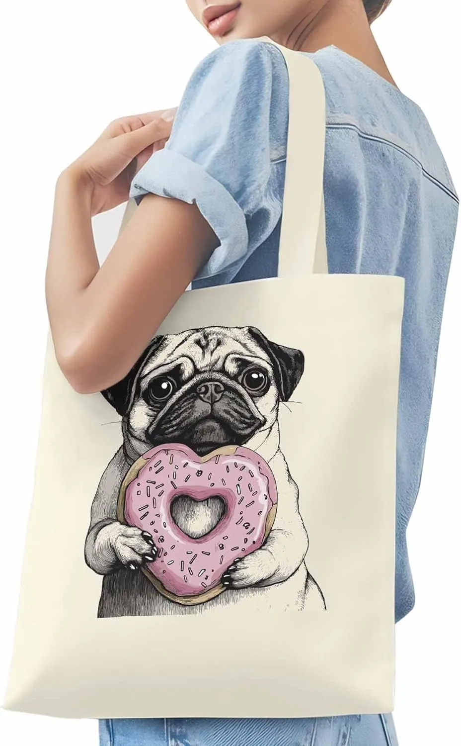 Canvas Tote Bag, Cartoons Cute Puppy Doughnut Aesthetic Canvas Tote Handbags for Women Shoulder Bag