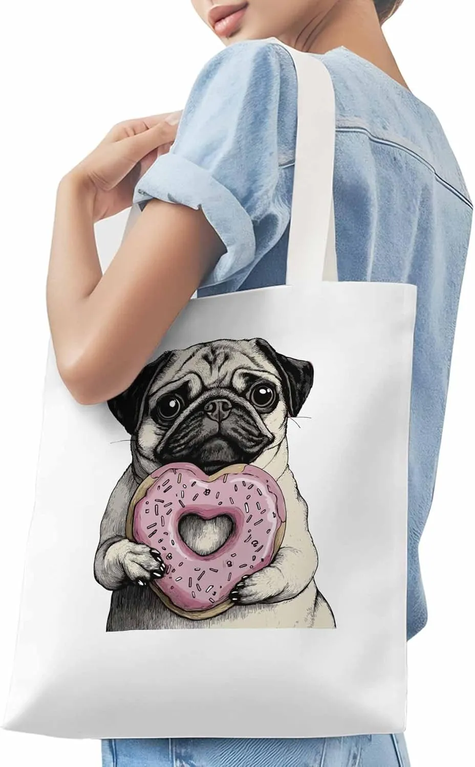 Canvas Tote Bag, Cartoons Cute Puppy Doughnut Aesthetic Canvas Tote Handbags for Women Shoulder Bag