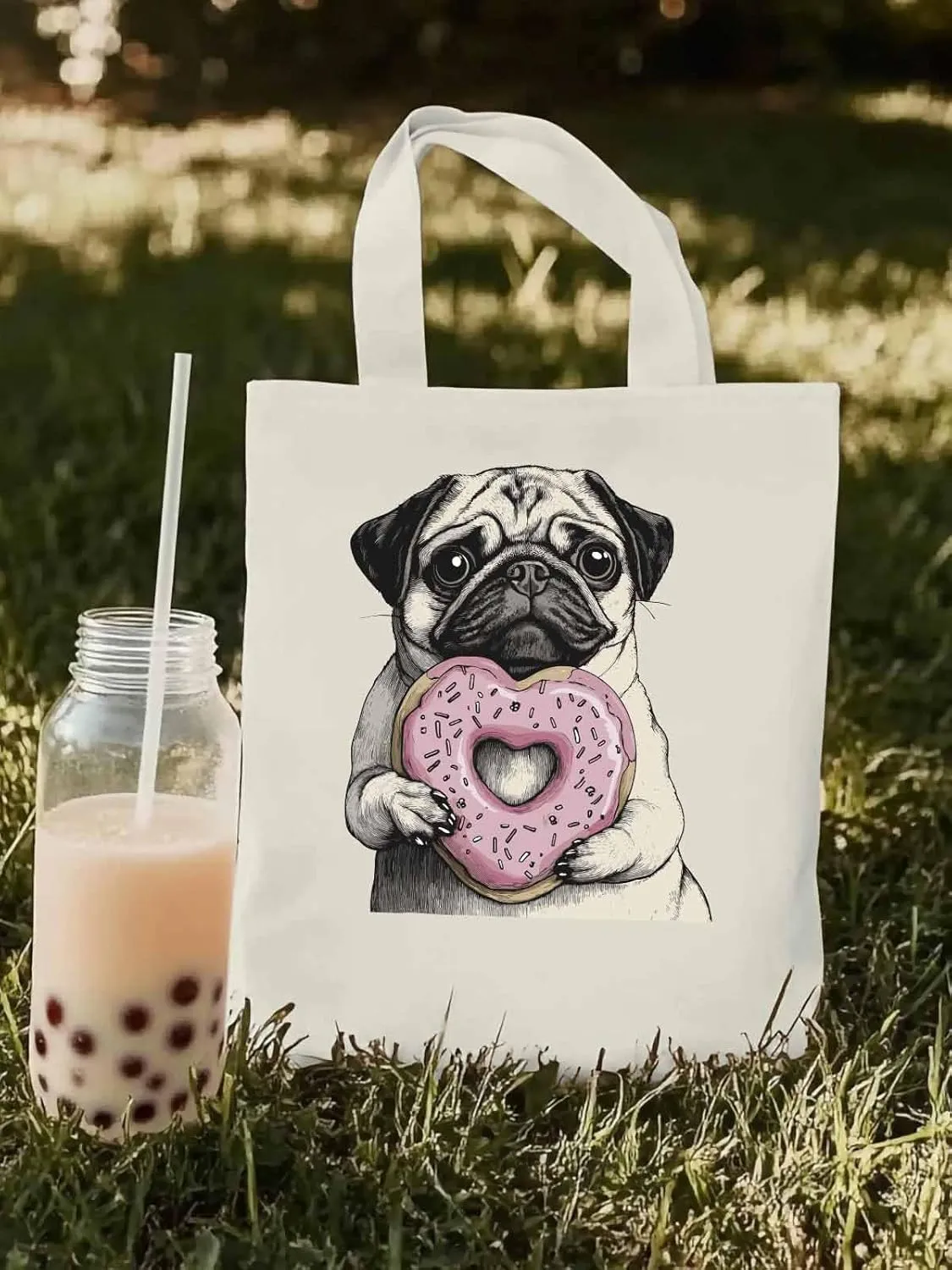 Canvas Tote Bag, Cartoons Cute Puppy Doughnut Aesthetic Canvas Tote Handbags for Women Shoulder Bag