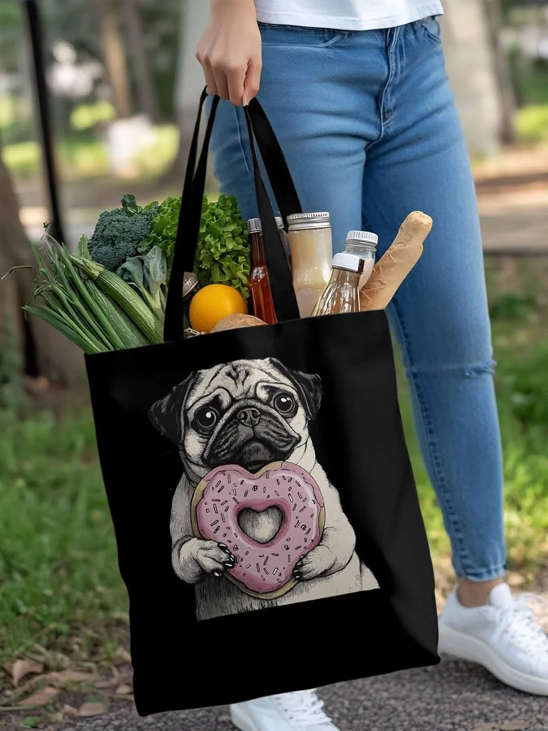 Canvas Tote Bag, Cartoons Cute Puppy Doughnut Aesthetic Canvas Tote Handbags for Women Shoulder Bag