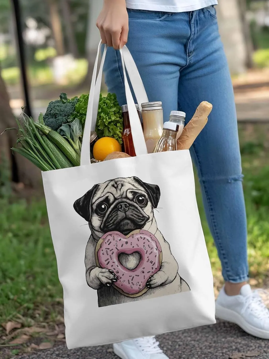 Canvas Tote Bag, Cartoons Cute Puppy Doughnut Aesthetic Canvas Tote Handbags for Women Shoulder Bag
