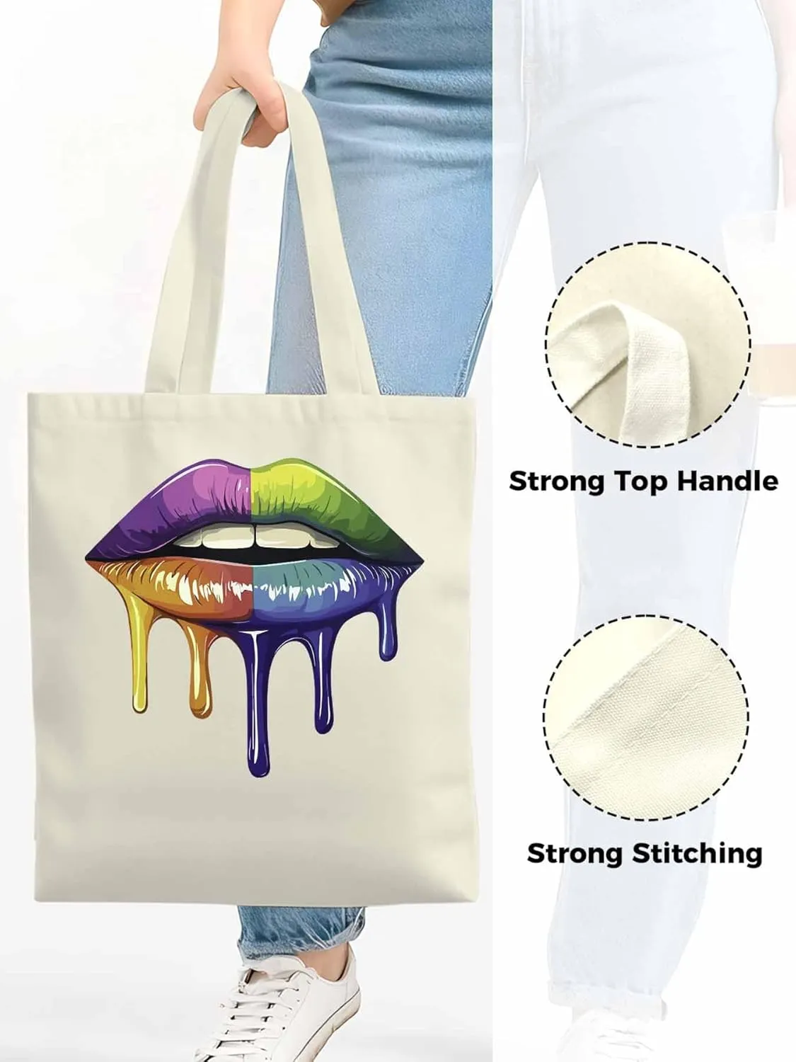 Canvas Tote Bag, Colorful Abstract Art Lips Aesthetic Canvas Tote Handbags for Women Shoulder Bag